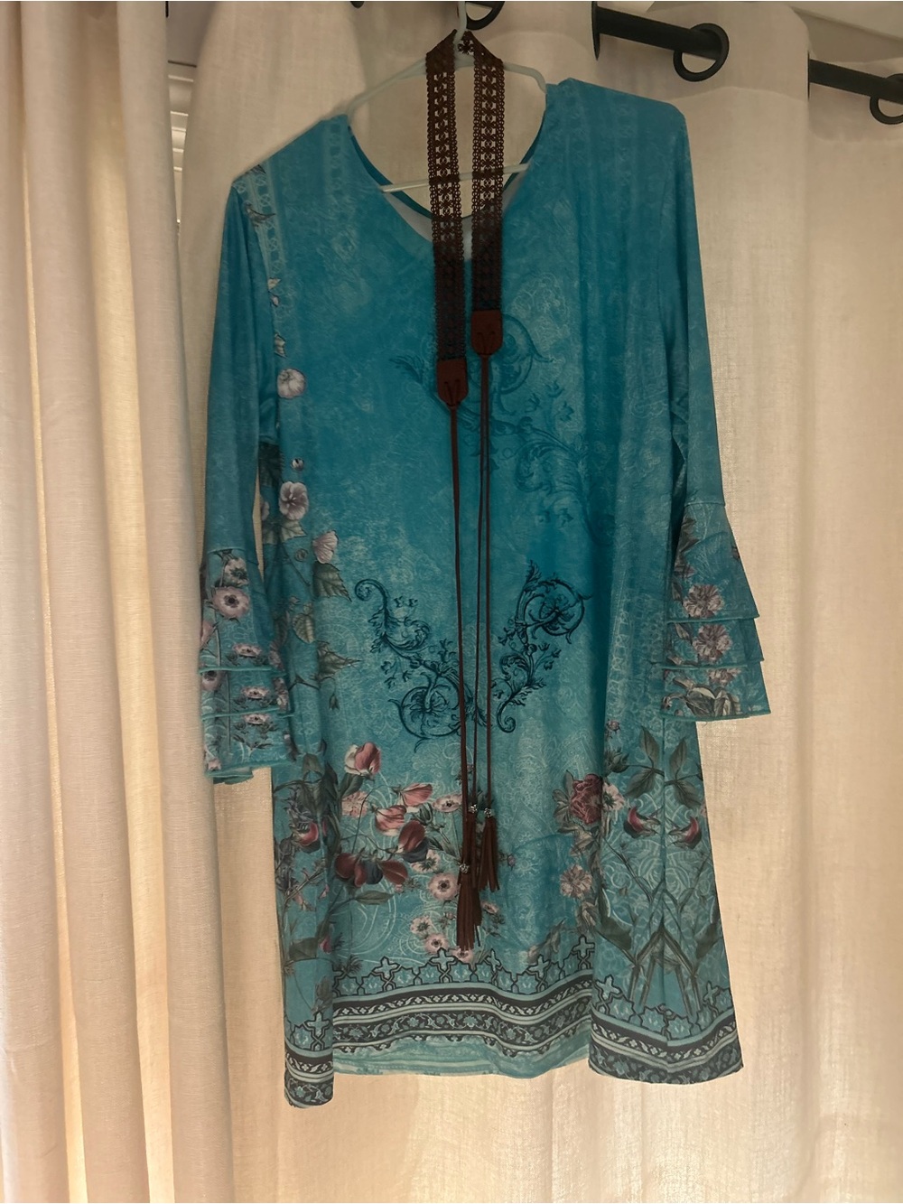 Turquoise Floral Midi Dress with Tassel Tie